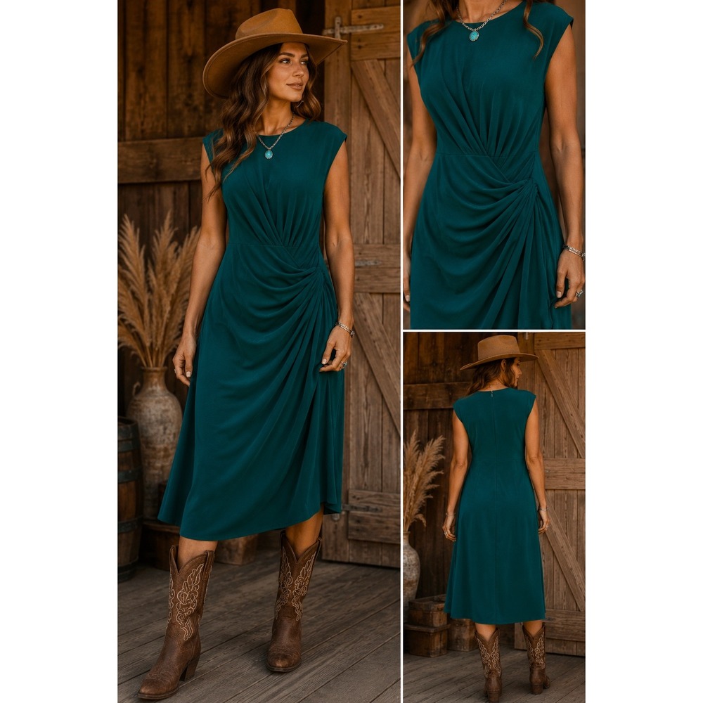 Premier Amour Womens Green Pleated Sheath Midi Dress Stretch Size 8